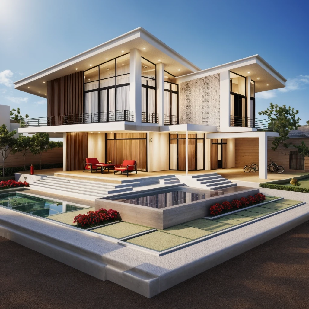 The house, The town house is made from white walls, beautyful light, beautyfulday, sunny, Many red bougainvilleas along the road:1.3, lovely youthful feeling :1.2, sunlight at 12 noon, Very beautiful shadows