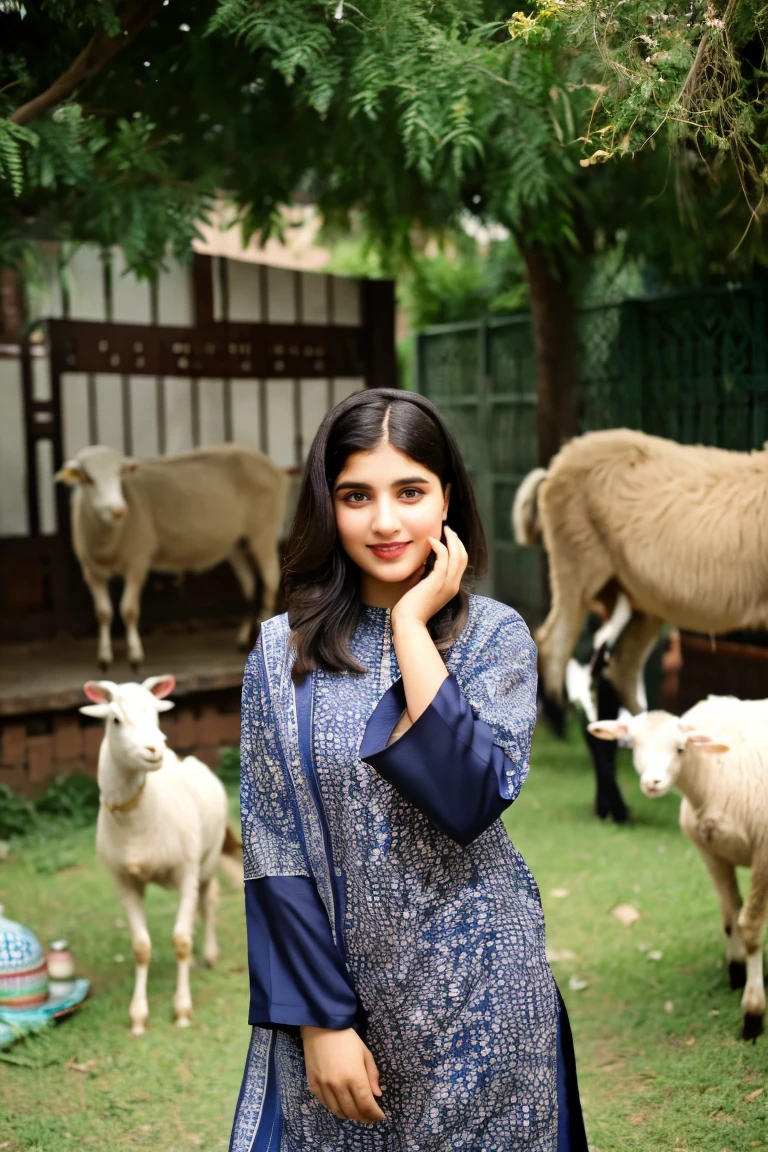 Pakistani girl) , beautiful face wearing digital printed shalwar kameez with Goat and sheep at her modern home in Lahore celebrating Eid Ul Adha 