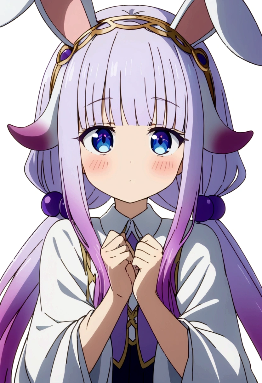 best quality, masterpiece, highres, solo, {kanna_kamui_kobayashisanchinomaidragon:1.15}, long_hair, light_purple_hair, blue_eyes, hair_ornament, bangs, blush, multicolored_hair, twintails, blunt_bangs, hair_beads, beads, hairband, gradient_hair, low_twintails, horns, dragon_horns, purple_hair, 1girl, anime_coloring, bow, animal_ears, rabbit_ears