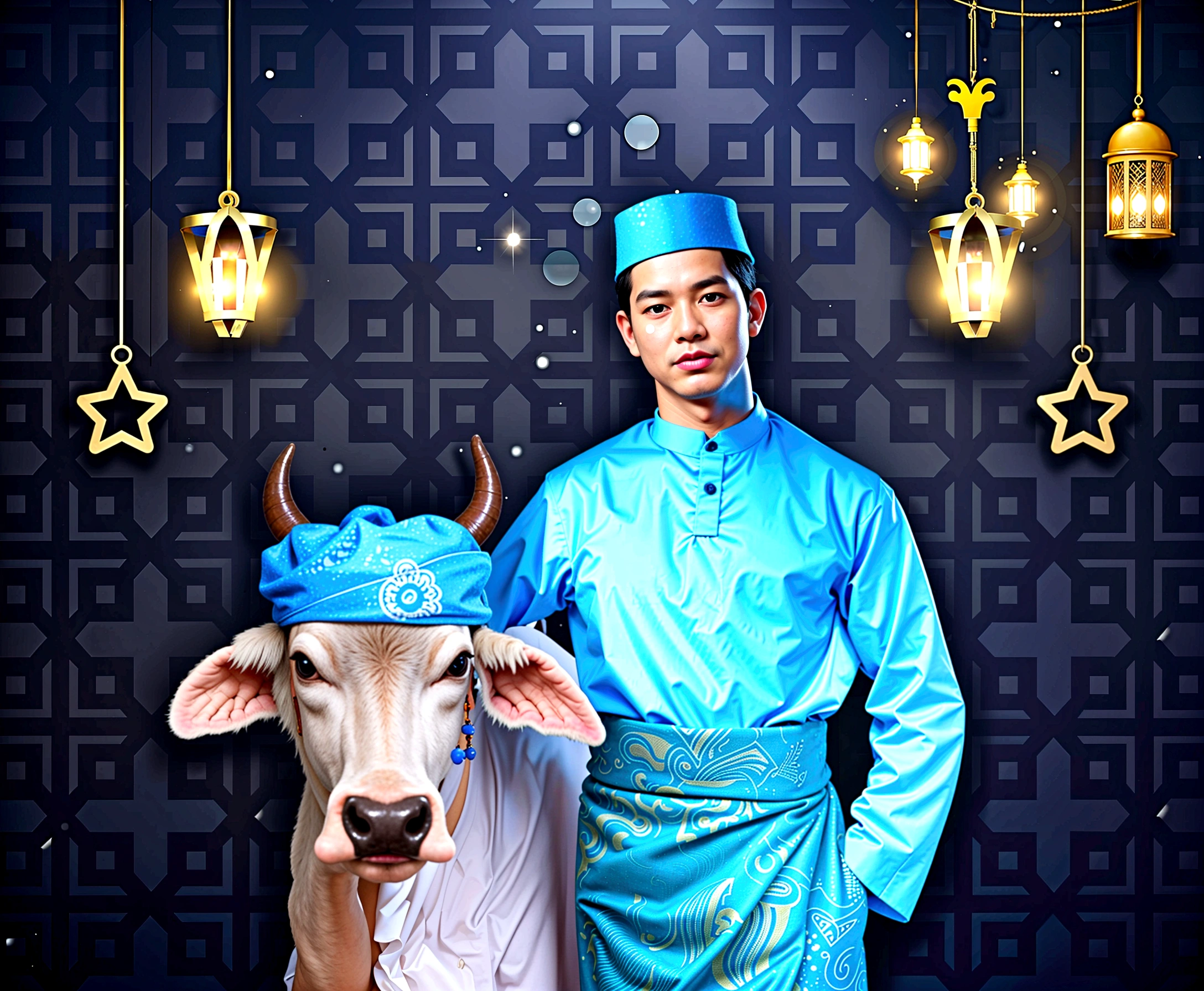 there is a man standing next to a cow with a blue hat, traditional clothes, wearing authentic attire, wearing traditional garb, traditional clothing, traditional dress, blue colored traditional wear, inspired by Basuki Abdullah, by Basuki Abdullah, inspired by Abdur Rahman Chughtai, traditional costume, photoshot, human dressed as a bull, portrait shot