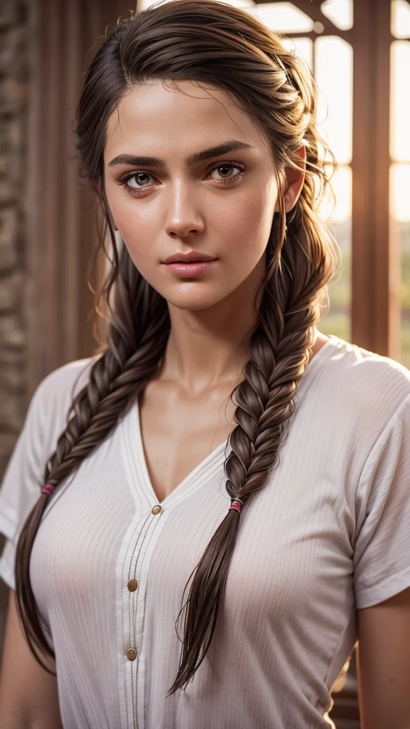 1girl, Kassandra, braided hair, brunette,  uniform, shy, blush, wet, rain, transparent, (masterpiece, best quality), soft light, cinematic composition, cinematic light