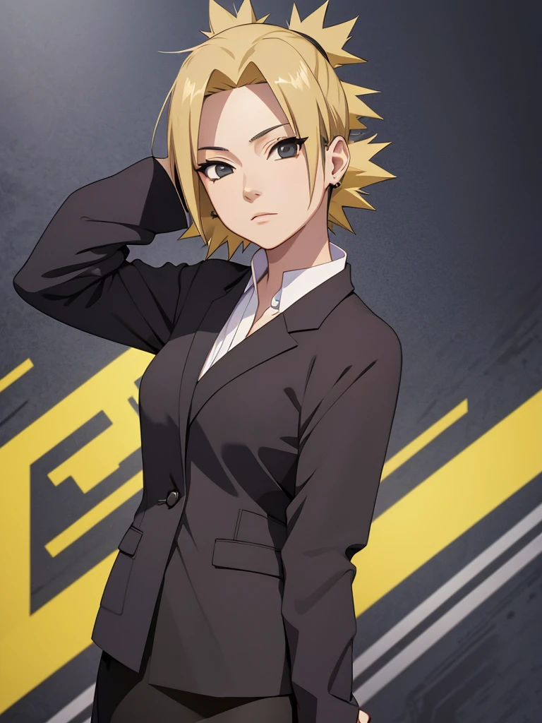 Temari, 1women, wearing a black colour office suit, tight skirt, at an office, yellow colour short hair, 8k, high detailed, high quality
