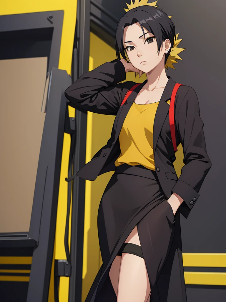 Temari, 1women, wearing a black colour office suit, tight skirt, at an office, yellow colour short hair, 8k, high detailed, high quality
