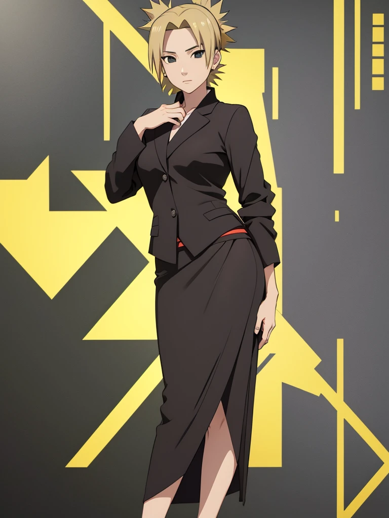 Temari, 1women, wearing a black colour office suit, tight skirt, at an office, yellow colour short hair, 8k, high detailed, high quality
