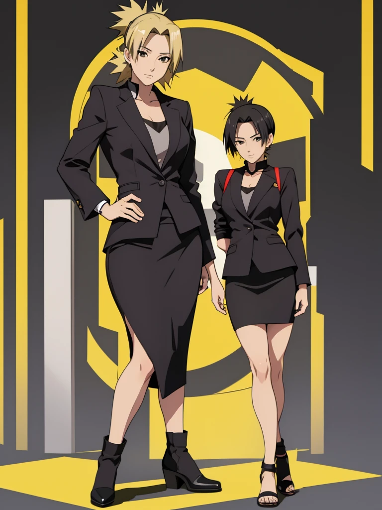 Temari, 1women, wearing a black colour office suit, tight skirt, at an office, yellow colour short hair, 8k, high detailed, high quality
