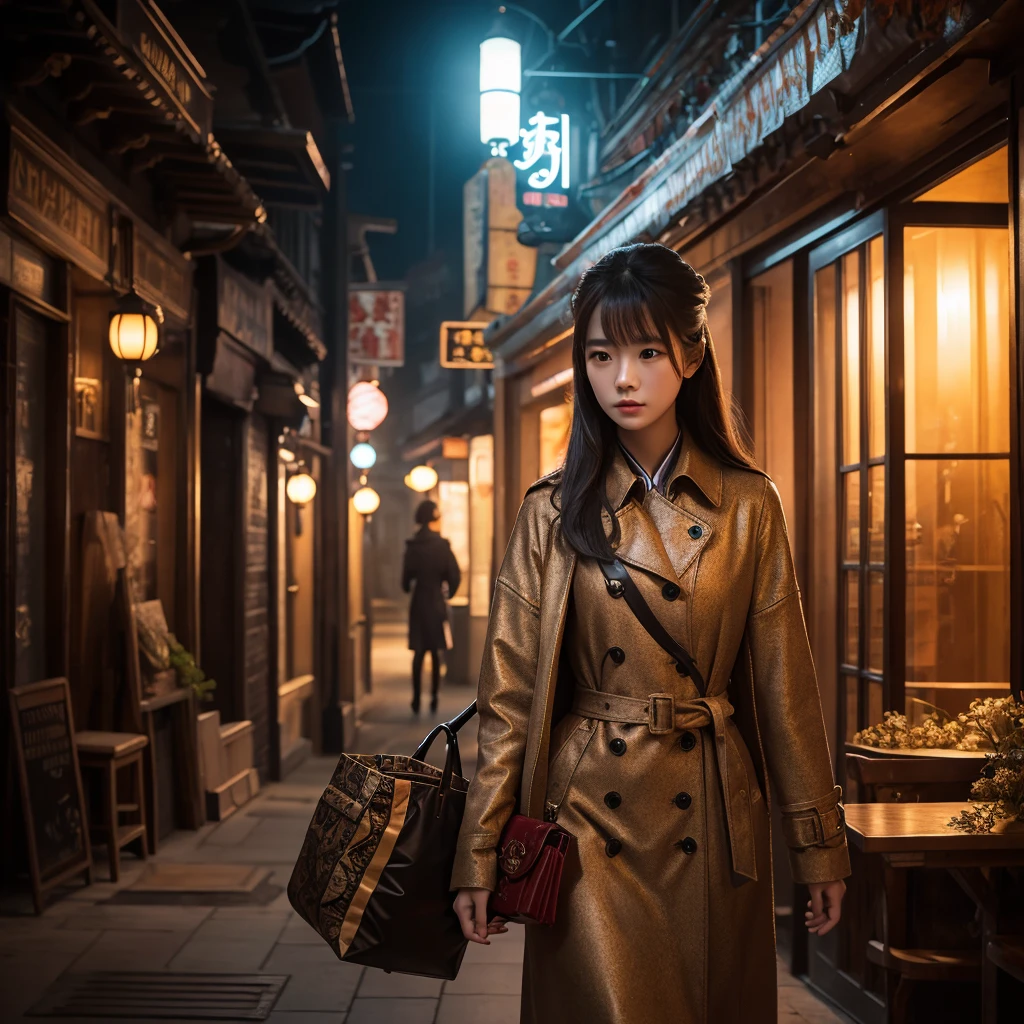beautiful chinese girl, wearing cryptic trench, carrying bag on shoulder, 1girl, cinematic lighting, dramatic lighting, highly detailed, photorealistic, 8k, 4k, ultra-detailed, masterpiece, (best quality:1.2), (realistic:1.37), intricate details, vibrant colors, warm color palette, soft focus, ethereal atmosphere