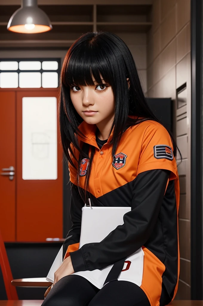 Screenshot of my hero academy Black haired girl with red locks and bangs covering one eye Light orange eyes with a serious expression She is wearing the UA uniform and in the background she has a UA school class And she is sitting in a table