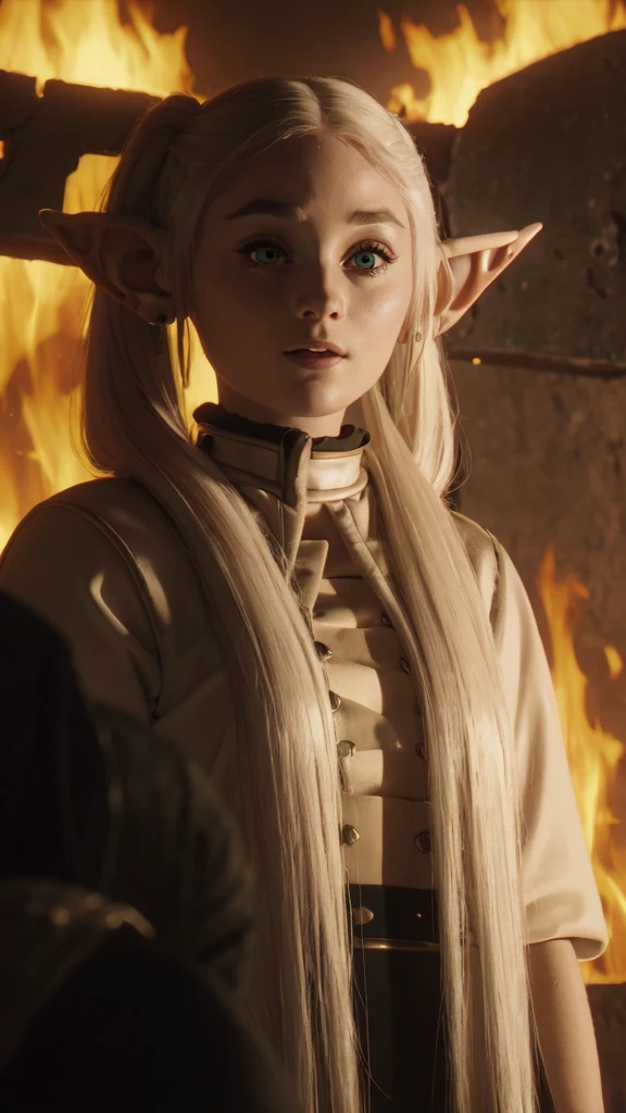 A young elf girl in realistic portrait of high quality and detail, Frieren (Sousou no Frieren), movie style, dark and mysterious atmosphere, pale skin, glow, eye shadow, 1girl, thriller fantasy, Depth & Perspective, angry smile on her face, A petite elf girl with green eyes, thick eyebrows and long white hair parted in the middle and braided into two high pigtails. She has large pointed elf ears, Mystical powers, red armor, fine face, She stands on the ruins of king's hall, inside, ashes on the sky, burning sky, dark cloud, looking at viewer, (ultra-high detail:1.2), Masterpiece, Best Quality, Ultra-detailed, Cinematic lighting, 8K, delicate features, cinematic, 35 mm lens, f/1.9, highlight lighting, global lighting –uplight –v 4, cinematic, intense gaze, Cinematic lighting, 8K, high quality, Highest Quality, (Solo Focus), (extremly intricate:1.3), (Realistic), dramatic, masterful, Analog style, (Film grain:1.5), (warm hue, cold tone), a close up of a person surrounded by many different types of armor, flowers behind back