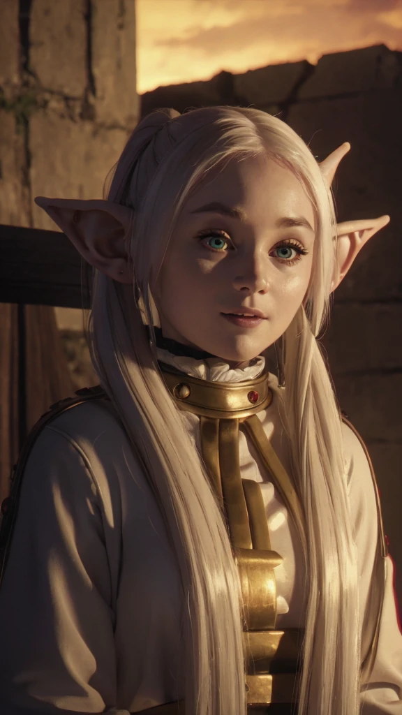 A young elf girl in realistic portrait of high quality and detail, Frieren (Sousou no Frieren), movie style, dark and mysterious atmosphere, pale skin, glow, eye shadow, 1girl, thriller fantasy, Depth & Perspective, angry smile on her face, A petite elf girl with green eyes, thick eyebrows and long white hair parted in the middle and braided into two high pigtails. She has large pointed elf ears, Mystical powers, red armor, fine face, She stands on the ruins of king's hall, inside, ashes on the sky, burning sky, dark cloud, looking at viewer, (ultra-high detail:1.2), Masterpiece, Best Quality, Ultra-detailed, Cinematic lighting, 8K, delicate features, cinematic, 35 mm lens, f/1.9, highlight lighting, global lighting –uplight –v 4, cinematic, intense gaze, Cinematic lighting, 8K, high quality, Highest Quality, (Solo Focus), (extremly intricate:1.3), (Realistic), dramatic, masterful, Analog style, (Film grain:1.5), (warm hue, cold tone), a close up of a person surrounded by many different types of armor, flowers behind back