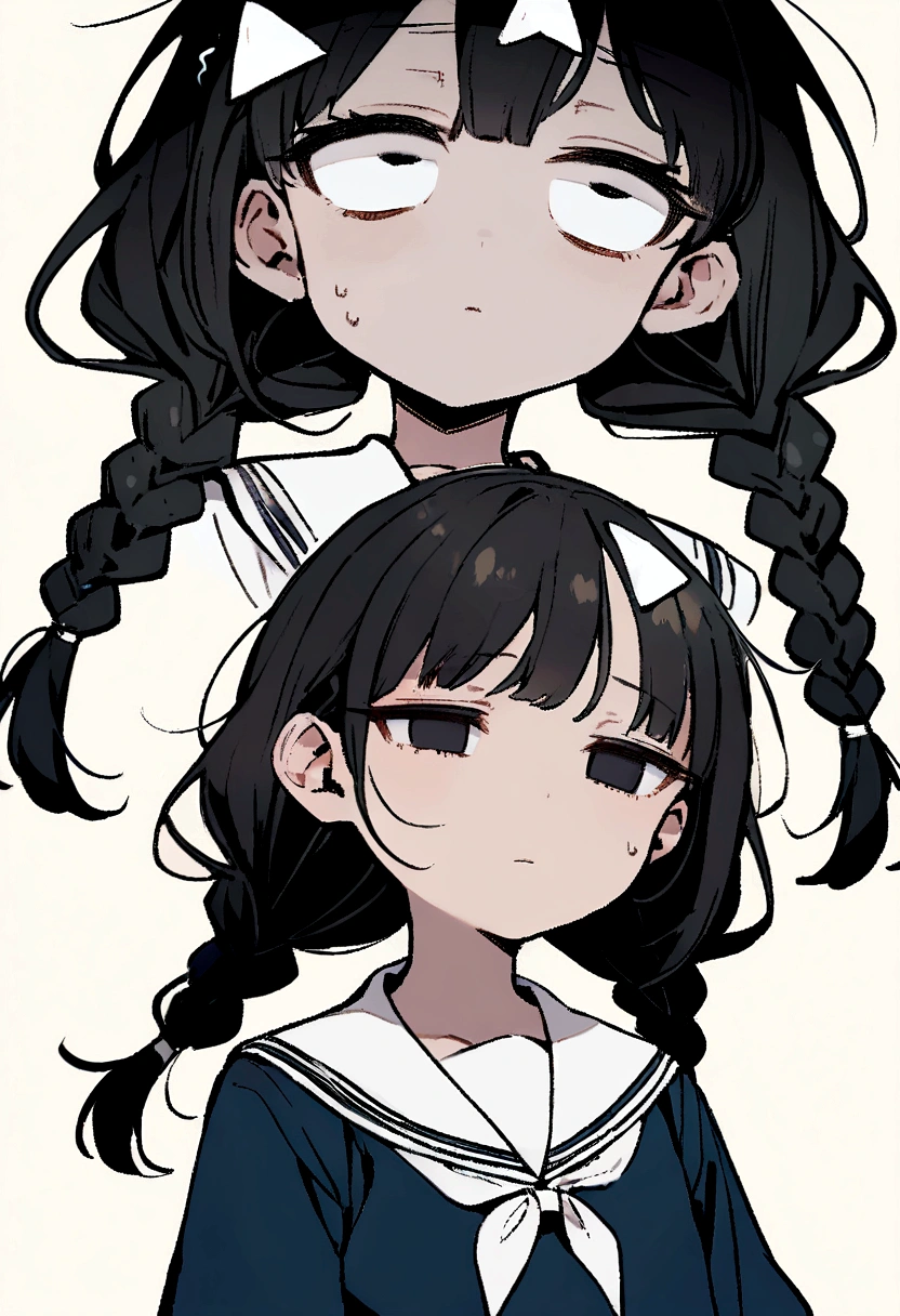 Long black hair, two braids, sailor suit, jittery eyes, loli, short, cute, , half eyes, jittery eyes, white triangle on head, black eyes, holding a knife, expressionless,Half eyes ,1 Girl,emotionless