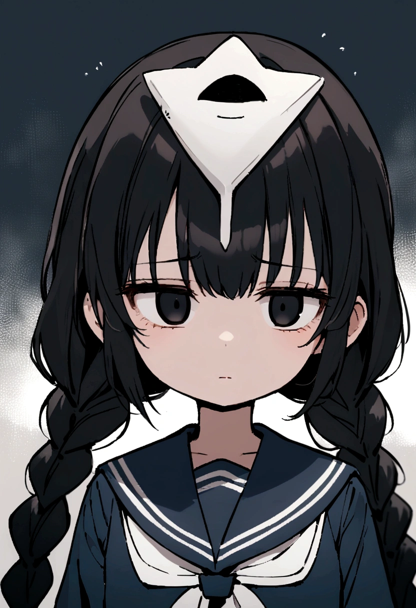 Long black hair, two braids, sailor suit, jittery eyes, , short, cute, , half eyes, jittery eyes, white triangle on head, black eyes, holding a knife, expressionless,Half eyes ,1 Girl,emotionless