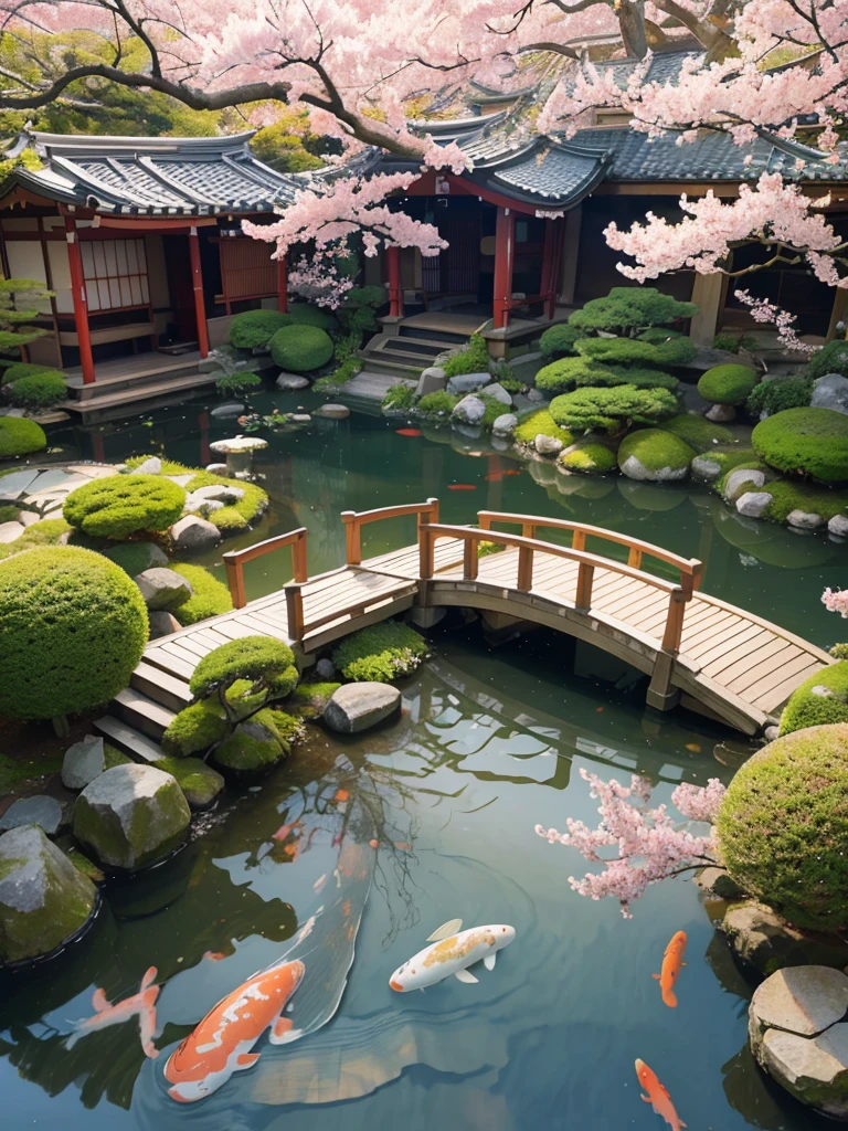Traditional Japanese Garden: “A tranquil Japanese garden, decorated with a small wooden bridge, a pond filled with koi fish, and blossoming cherry trees.”, HD 4K