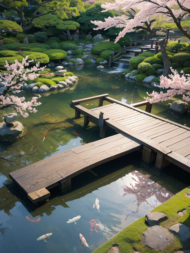 Traditional Japanese Garden: “A tranquil Japanese garden, decorated with a small wooden bridge, a pond filled with koi fish, and blossoming cherry trees.”, HD 4K