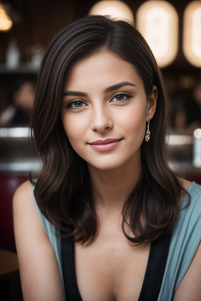 Portrait glamour mi-long, Nikon D850, F1.6 lentilles, 200mm, digital SLR, 22 megapixels, (((Vintage cafe bar scene))), photo d'une superbe fille portugaise de 26 ans, (sourire:1.4), (portant une robe longue avec ceinture:1.6), ((seductive pose)), fille chaude, (((gros seins naturels))), (((cheveux bruns en queue de cheval))), (), symmetrical face, photorealistic, la photographie, (bright natural lighting), Magnifique, deep neckline, (chef-d'artwork), best quality, high resolution, extremely detailed, Cinematic lighting, (((very narrow waist))), couleurs riches, hyper realistic, realistic texture, ((bijoux)), (((Elle a de belles mains et porte des bagues))), (Bracelet), (collier), (anklet), (nail polish) (des boucles d'oreilles), Fuji Superia 200, 8k