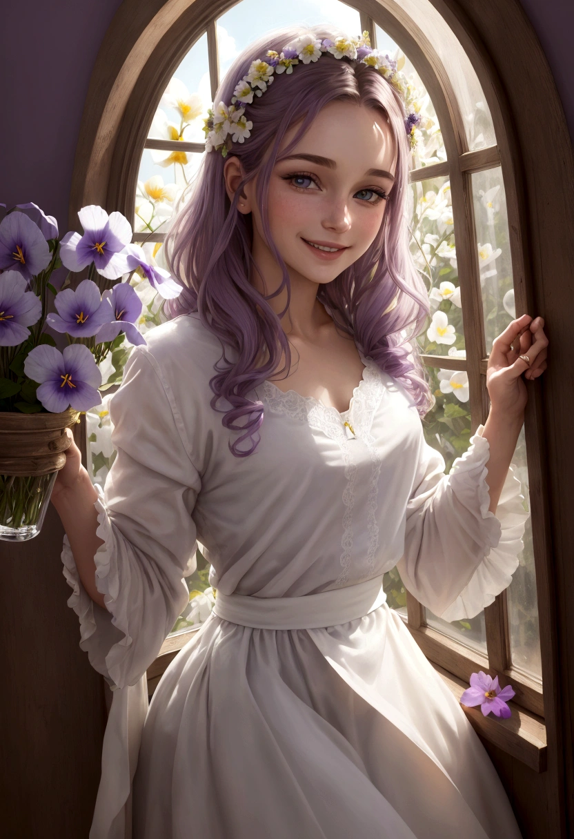 sourire confortable, Homme, regarder droit devant, seulement, longs cheveux blancs et violets, yeux violets, chemise blanche, Haut du corps, tenant des roses mauves, beautifully lit fantastic window, Homme, male, Boy, chef-d&#39;artwork, oil painting&#39;huile, ambiance magique, detailed face features, cheveux flottants, expression sereine, sourire radieux, Realistic lighting, couleurs vives, ethereal background, ombres douces, intricate flower details, delicate petals, rideaux de dentelle complexes, La lumière du soleil traverse la fenêtre, ambiance onirique, surreal touch