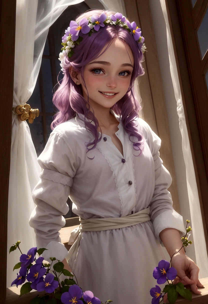sourire confortable, Homme, regarder droit devant, seulement, longs cheveux blancs et violets, yeux violets, chemise blanche, Haut du corps, tenant des roses mauves, beautifully lit fantastic window, Homme, male, Boy, chef-d'artwork, oil painting'huile, ambiance magique, detailed face features, cheveux flottants, expression sereine, sourire radieux, Realistic lighting, couleurs vives, ethereal background, ombres douces, intricate flower details, delicate petals, rideaux de dentelle complexes, La lumière du soleil traverse la fenêtre, ambiance onirique, surreal touch