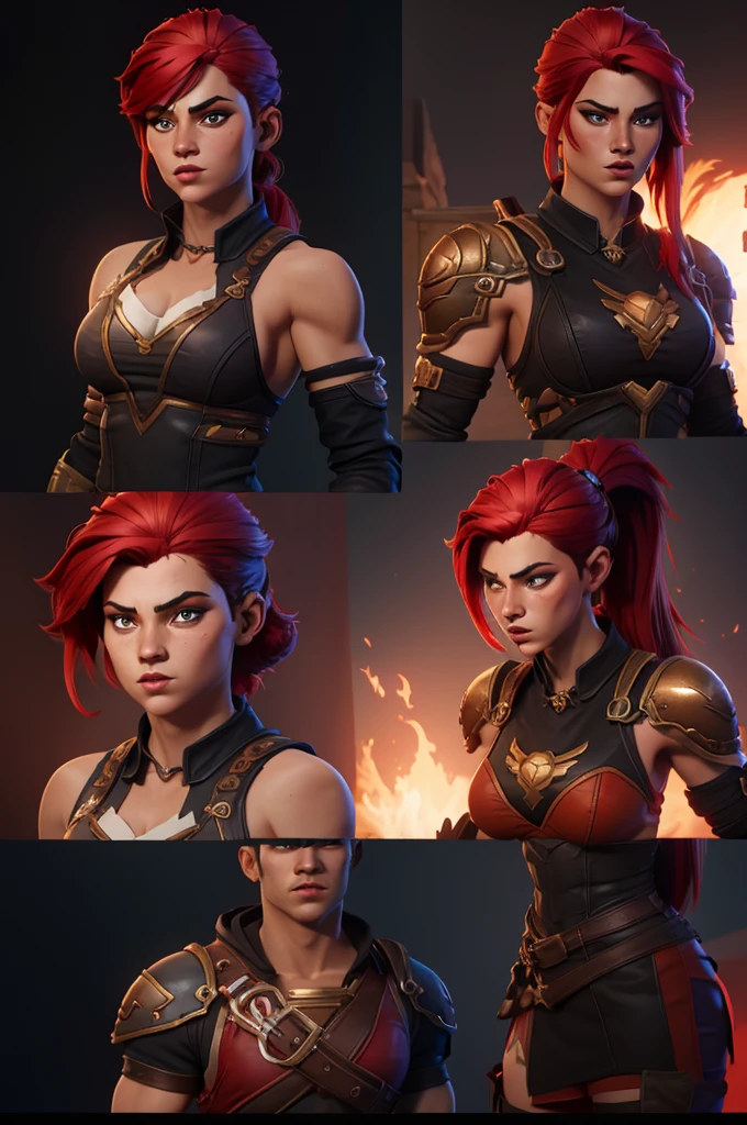 A muscular female warrior battle chasers nightwar red monika with red hair in a high ponytail, wearing a red and gold armored outfit. Her costume includes a form-fitting top and large shoulder guards, with a dark cloak around her neck. The background is dark with orange , adding a dramatic effect. JoeMAD2023,1girl, Red_Monica_v2, large breasts, action pose, 8k, uhd, best quality, cartoon, armor, trending on artstation, vibrant colors, epic fantasy, comic style,red hair, ancient city, toned body, abs,