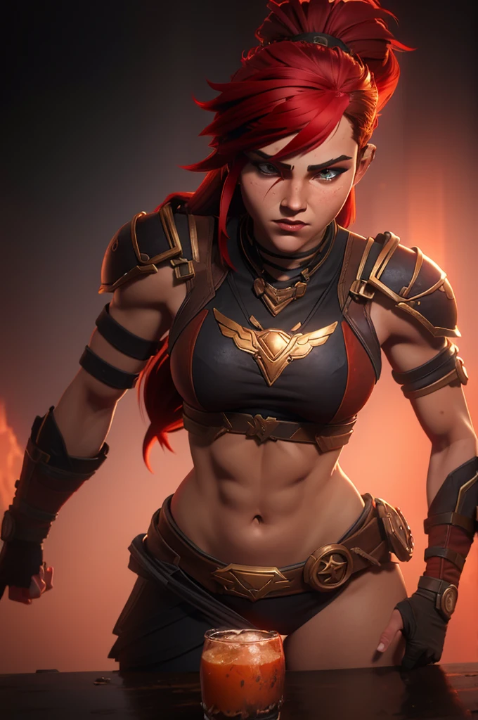 A muscular female warrior battle chasers nightwar red monika with red hair in a high ponytail, wearing a red and gold armored outfit. Her costume includes a form-fitting top and large shoulder guards, with a dark cloak around her neck. The background is dark with orange , adding a dramatic effect. JoeMAD2023,1girl, Red_Monica_v2, large breasts, action pose, 8k, uhd, best quality, cartoon, armor, trending on artstation, vibrant colors, epic fantasy, comic style,red hair, ancient city, toned body, abs,