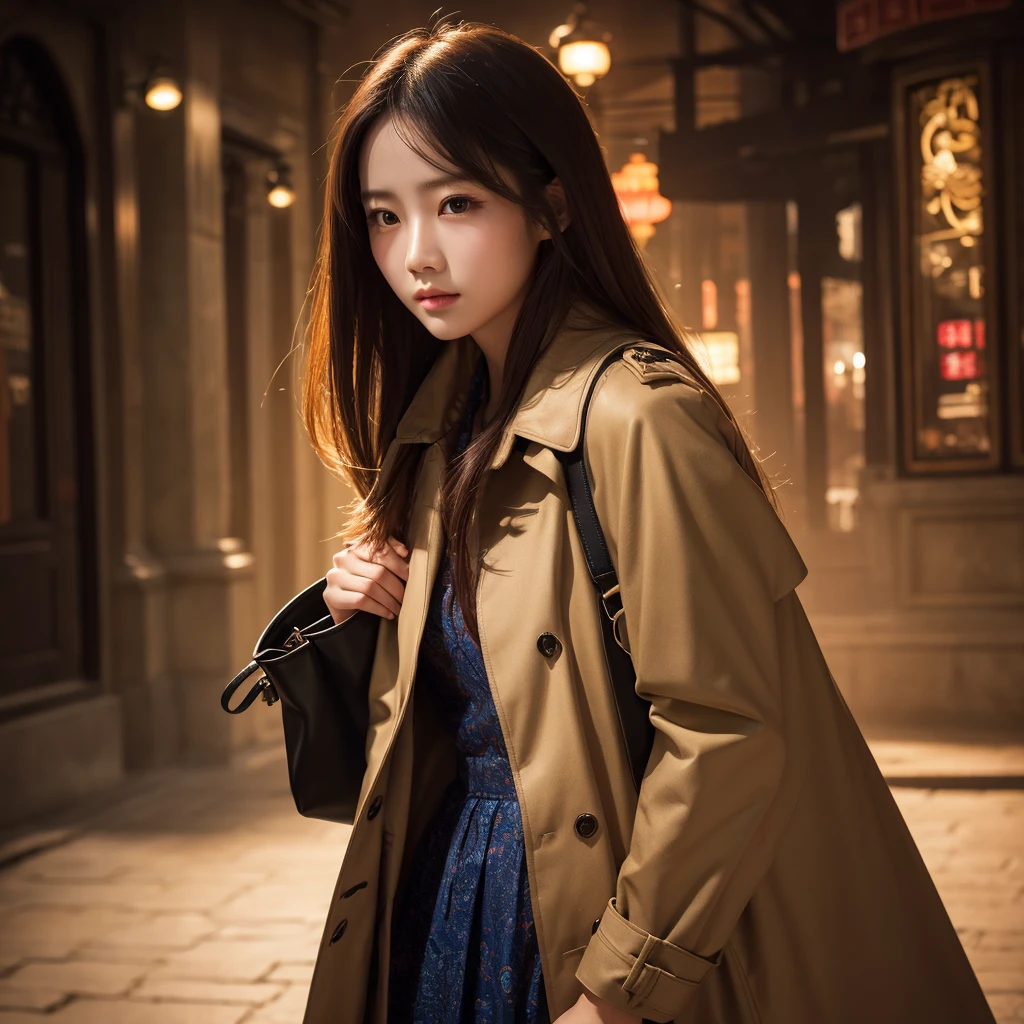 beautiful chinese girl, wearing cryptic trench, carrying bag on shoulder, 1girl, cinematic lighting, dramatic lighting, highly detailed, photorealistic, 8k, 4k, ultra-detailed, masterpiece, (best quality:1.2), (realistic:1.37), intricate details, vibrant colors, warm color palette, soft focus, ethereal atmosphere