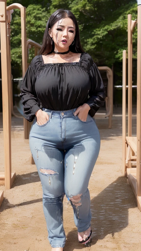 1girl,(masterpiece:1.8),photo-realistic,16k,(beautiful 40s japanese plump lady:1.6) ,(black chiffon blouse:1.5),(denim pants:1.3),(sandals:1.2),(leaking pee:1.7),(dripping pee:1.6),(blush:1.8),(panicking:1.7),(sobbing:1.6),(playground:1.5),(crowd kids:1.5),long hair,straight hair,black eyes,(attractive older woman:1.1),mature woman,MILF,curvy,huge breasts, (makeup,lipstick,eyeliner,mascara,eyeshadow:1.3)
