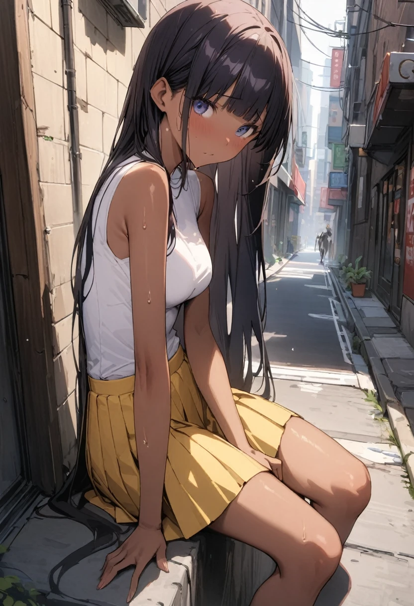 (((masterpiece, Highest quality:1.3,absurdres))),25 year old beauty,solo,((very small head:1.3)),long hair,bangs,dark blue hair,dark blue eyes,gorgeous eyes,shy,medium breasts,((very long body:1.3)),((toned body,slender body)),skinny,((tan skin)),gleaming skin,shiny skin,sweat,(White polo shirt、Yellow pleated mini skirt),on street,Back Alley、New York City、