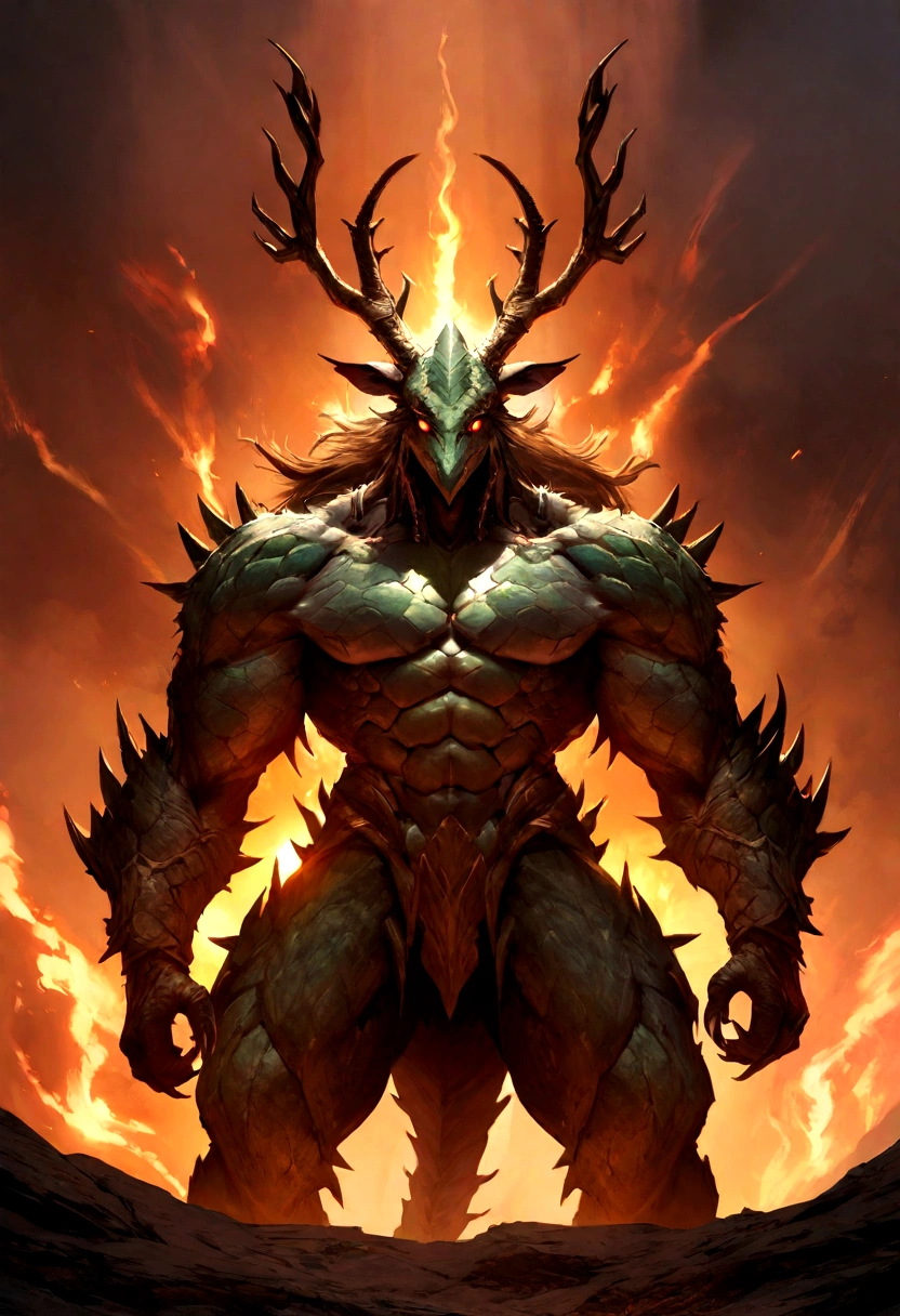 A hyperrealistic digital concept art visual of a formidable dragon warrior hunter, humanoid body with green-cyan scale skin glinting in the fiery light, muscular limbs ending in vicious claws ready to attack, an elongated spiked dragon head with glowing blood-red eyes conveying a deadly intensity, two branching deer antlers atop its head, posed against a stark cliffside, every individual scale textured and detailed, creating an intimidating RPG character design with a menacing expression.