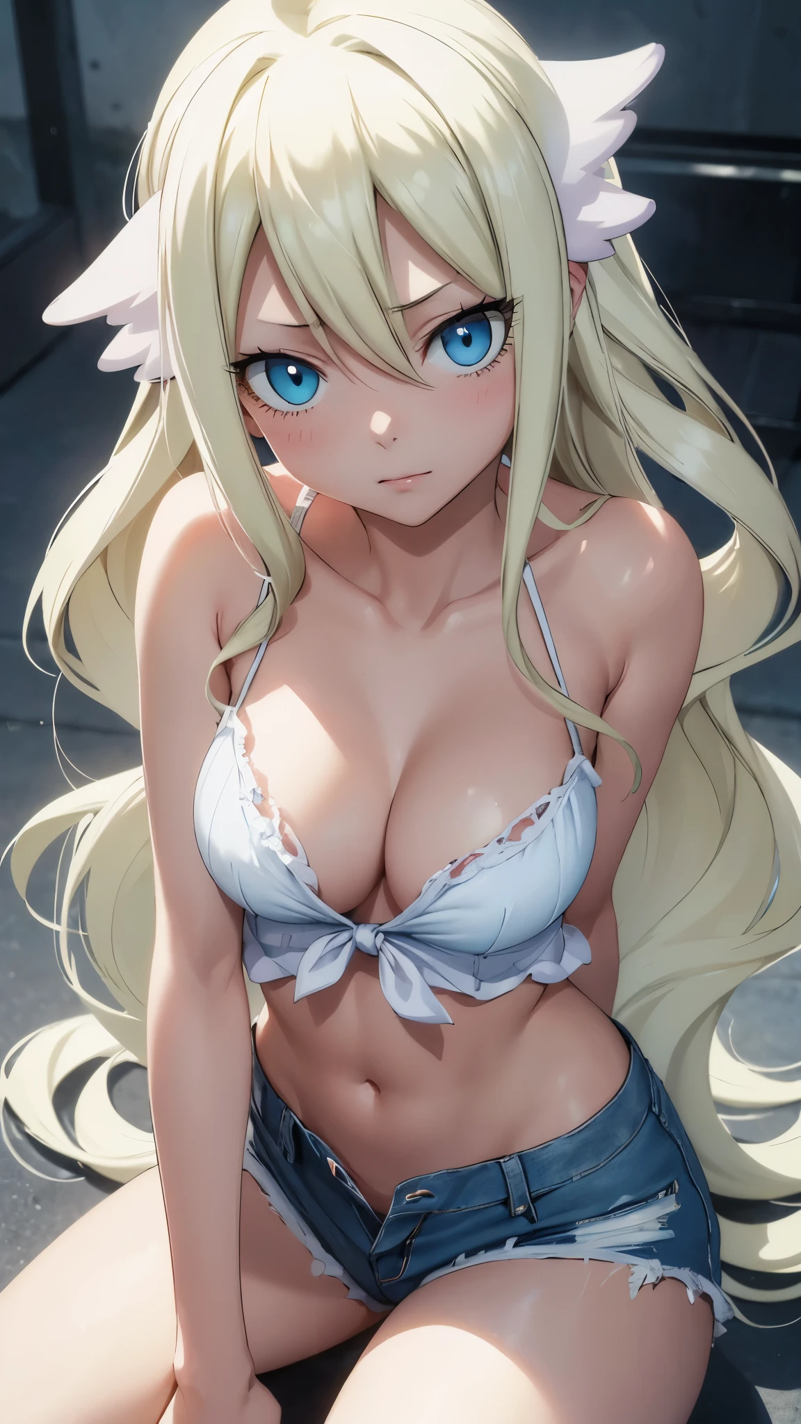 (best quality,highres:1.2),ultra-detailed,realistic,photorealistic:1.37,a beautiful girl (Mavis Vermillion from Fairy Tail) model in a pop style,,long legs,medium breasts,extremely detailed face (with emphasis on azure eyes),Her white pepel-colored hair falls to her shoulders.She is dressed in short blue denim shorts and a short top (very shabby and torn in places),),bent down, lifting her ass to the top,more sexy pose,illustration,colorful pop art style,dynamic lighting,neon colors,sunglasses on head.Nsfw