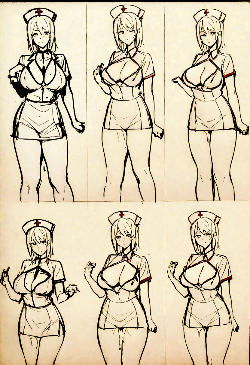 ((masterpiece)),(((best quality))),((character design sheet)),((rough sketch)),((vulgar)),(magazin cover)thick thighs,african girl,smile,((between breasts)),pussy juice,((wearing an Wet sexual nurse uniforms and nurse cap)),shirt harf lift,milking