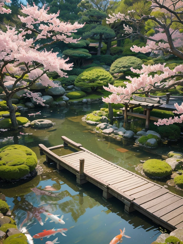 Traditional Japanese Garden: “A tranquil Japanese garden, decorated with a small wooden bridge, a pond filled with koi fish, and blossoming cherry trees.”, HD 4K