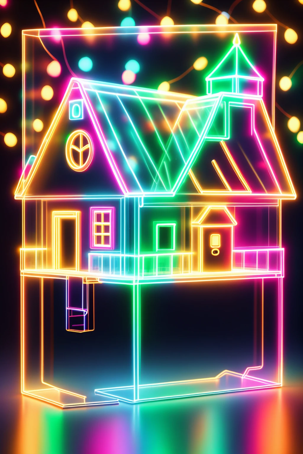 1 piece transparent glowing cute house，Colorful transparent luminous plastic，Christmas decorations，Product design，luminous neon lights，Christmas background，hyper realisitc，hyper HD，high detal，Best quality at best，8K