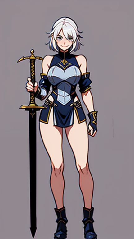 KNIGHT, girl, one arm, amputated arm, full body, feat, white hair, fit, 18, smiling, shy, embarrassed, holding a sword, training