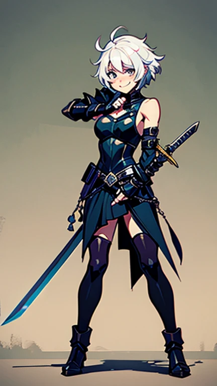 KNIGHT, girl, one arm, amputated arm, full body, feat, white hair, fit, 18, smiling, shy, embarrassed, holding a sword, training