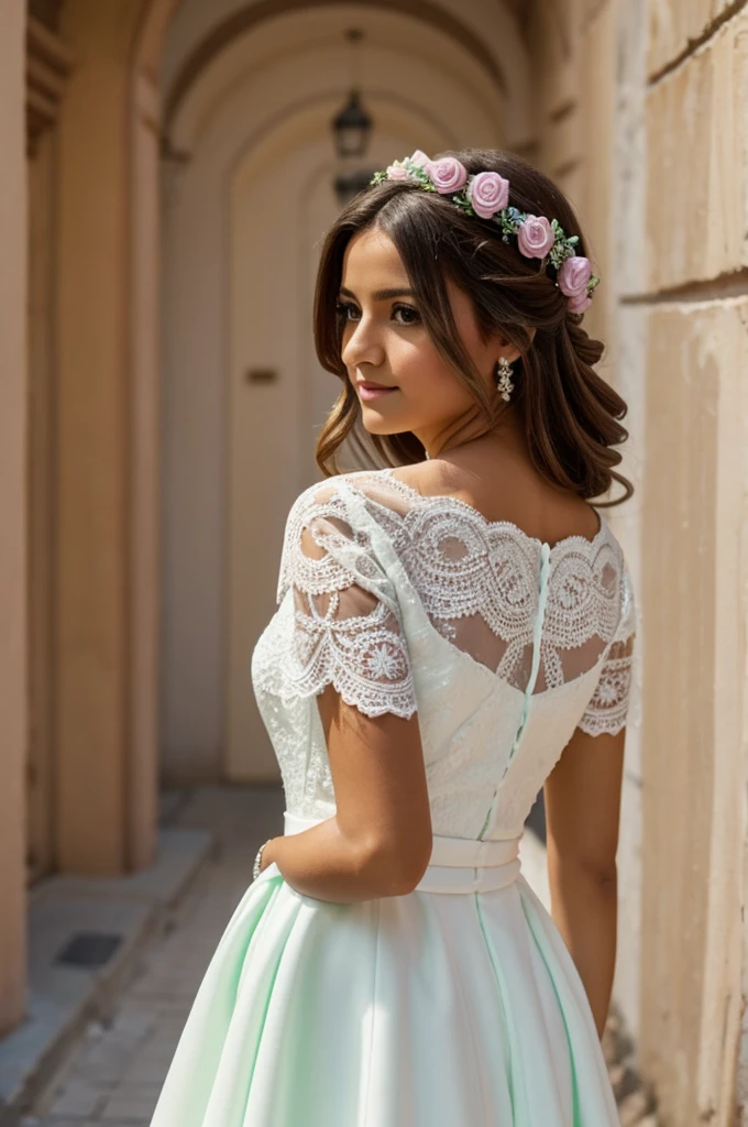 Chica vestida de.mo rado con un pastel