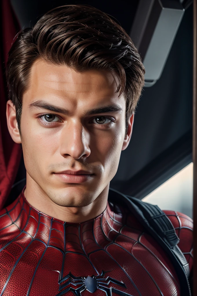 A photograph of spider man, no mask, 20 yo, handsome, detailed face, looking at camera, portrait, 8k uhd, high quality