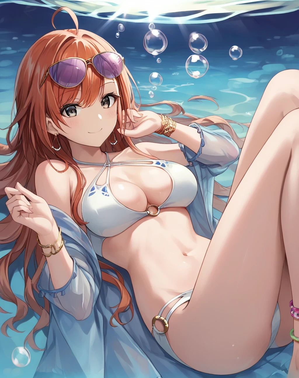 score_9, score_8_up, score_7_up,Captivating Eye Reflections,beautiful detailed eyes,lower eyelid,beautiful detailed face,BREAK ,source_anime,Arisugawa Natuha,1girl,large_breasts,black eyes,orange hair,long hair,ahoge,purple sunglasses on the head,earrings, light blue see-through jacket, white bikini,gold O-ring, 1bracelet, 1anklet,
smile,swiming,in the sea,underwater,lying seabed,beautiful and detailed bubbles,