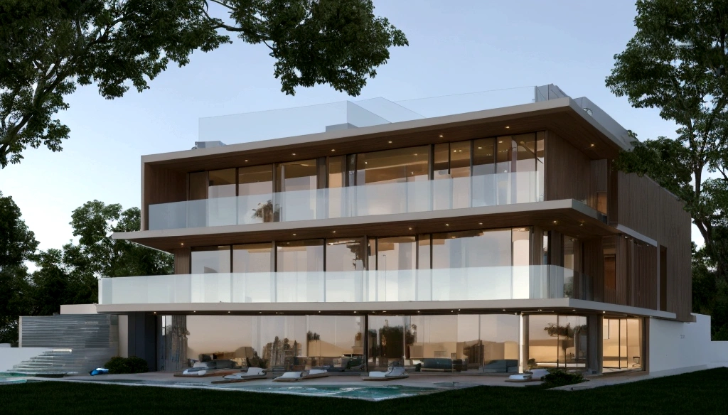 A futuristic technological home, 3-storey building, De frente para as montanhas, Vista do lago, Piscina grande, modern architectural style, foto super detalhada, building, complex , sombra, high-range dynamics, Dynamic light, fotorrealista, leve suavidade natural, Baixo H, Obra de arte, Detalhe 8k. Muitos detalhes, Large floor-to-ceiling glass, Combination of technology and natural environment, Parece super legal,
