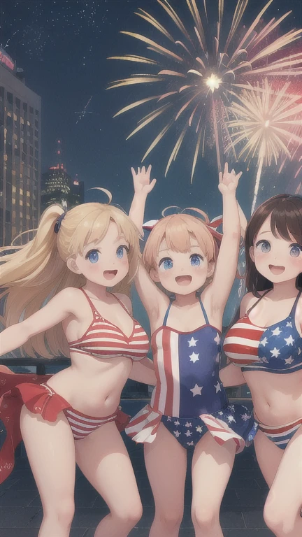 Amidst the vibrant atmosphere of New York City's streets, a group of s celebrate American Independence Day with exuberance and style. Each girl radiates confidence and joy, dressed in bikinis adorned with the iconic colors of the American flag. The designs of their bikinis capture the essence of patriotism, with red and white stripes accentuating their curves, while deep blue fabric serves as a backdrop for scattered white s, echoing the nation's banner.
Their blond hair cascades down their backs, some styled into high ponytails adorned with festive accents. Tiny American flag toothpicks embellish their hair, each one carrying a miniature cookie, adding a playful touch to their ensembles. The ribbons woven into their hair feature alternating stripes of red, white, and blue, mirroring the colors of their bikinis and completing the patriotic theme.
As they move through the crowded streets, their attire catches the eye of onlookers, evoking a sense of admiration and camaraderie. With every step, they exude confidence and grace, embodying the spirit of independence and freedom that defineserican experience. Amidst the hustle and bustle of the city, they stand as symbols of resilience and unity, inspiring those around them to embrace the values of liberty and equality.
In the background, the night sky comes alive with bursts of colorful fireworks, illuminating the skyline with dazzling displays of light and sound. Against this breathtaking backdrop, the girls revel in the spectacle, their faces illuminated by the vibrant hues of red, white, and blue. Surrounded by the electrifying energy of the celebration, they feel a profound sense of pride and belonging, cherishing the opportunity to commemorate the ideals upon which the nation was founded.
The girls share laughter and joy as they dance together, their voices rising above the sounds of the city. They link arms and sway to the rhythm of the music, forming bonds of friendship and sisterhoo