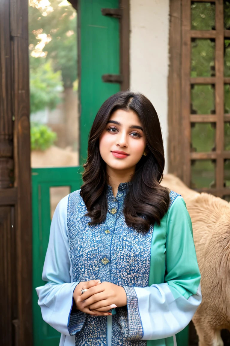 Pakistani girl) , beautiful face wearing digital printed shalwar kameez with Goat and sheep at her modern home in Lahore celebrating Eid Ul Adha