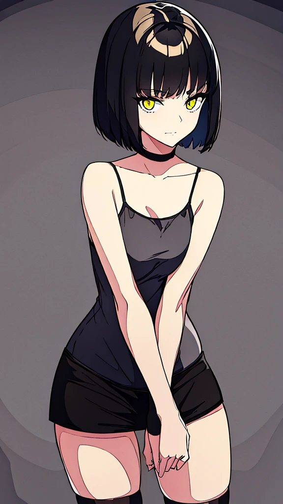 ((Best Quality)), ((Masterpiece)), (Detailed), Girl with short black hair, with straight bangs, yellow eyes, the pupils of his eyes look at your violence, tall and slender, very beautiful and feminine features, wearing shorts with long black stockings, short hair, nice breasts, with a too short miniskirt, with a scared expression, she feels alone, just woke up