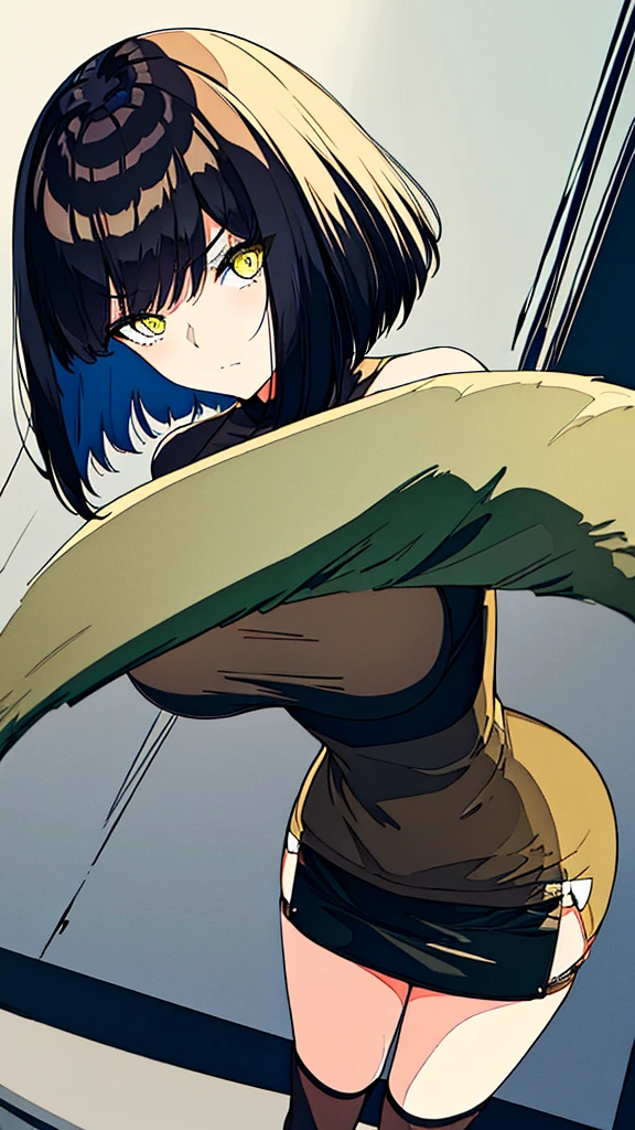 ((Best Quality)), ((Masterpiece)), (Detailed), Girl with short black hair, with straight bangs, yellow eyes, the pupils of his eyes look at your violence, tall and slender, very beautiful and feminine features, wearing shorts with long black stockings, short hair, nice breasts, with a too short miniskirt, with a scared expression, she feels alone, just woke up