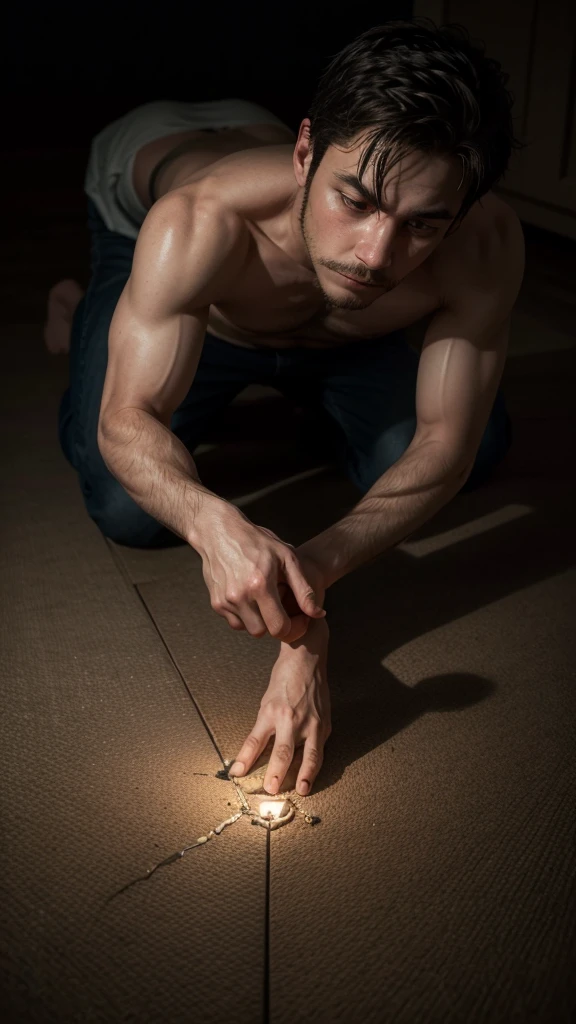 A man partially lit by a flashlight, writhing on the floor, with traces of transformation visible
