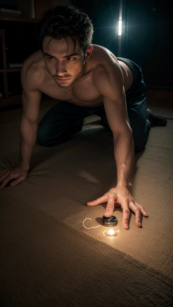 A man partially lit by a flashlight, writhing on the floor, with traces of transformation visible