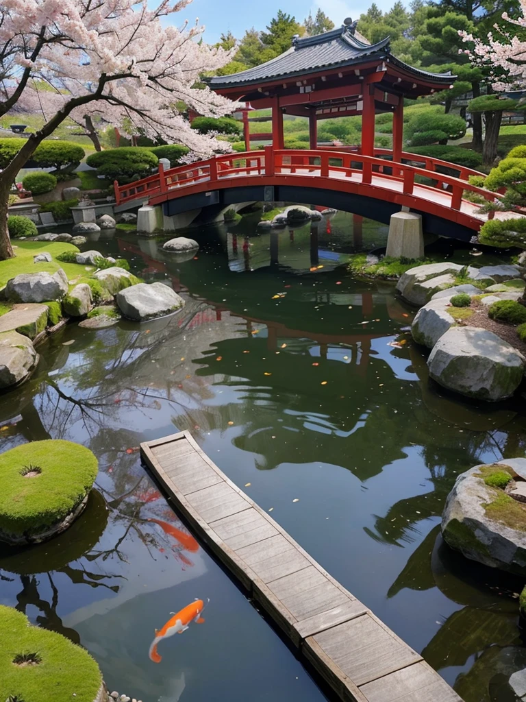 Traditional Japanese Garden: “A tranquil Japanese garden, decorated with a small wooden bridge, a pond filled with koi fish, and blossoming cherry trees.”, HD 4K