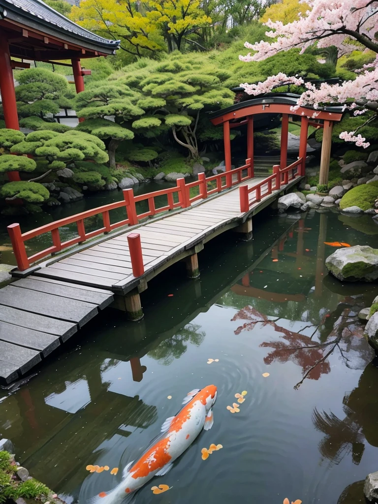 Traditional Japanese Garden: “A tranquil Japanese garden, decorated with a small wooden bridge, a pond filled with koi fish, and blossoming cherry trees.”, HD 4K