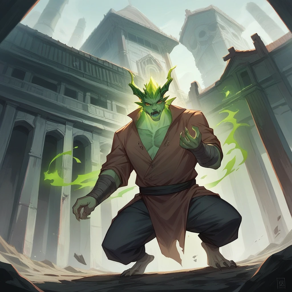 4D masterpiece of a Chinese warrior from the beggar school doing the 18 Dragon Conquering Palms, (green energy forms a transparent dragon that surroundings his body), he is wearing typical beggar school clothes, tattered and dirty clothes, dynamic situation, the situation is in an abandoned temple yard and 3 people  moving to attack him from various directions, dilapidated temple building in the background, daylight lighting, hyper realistic, ultra detailed