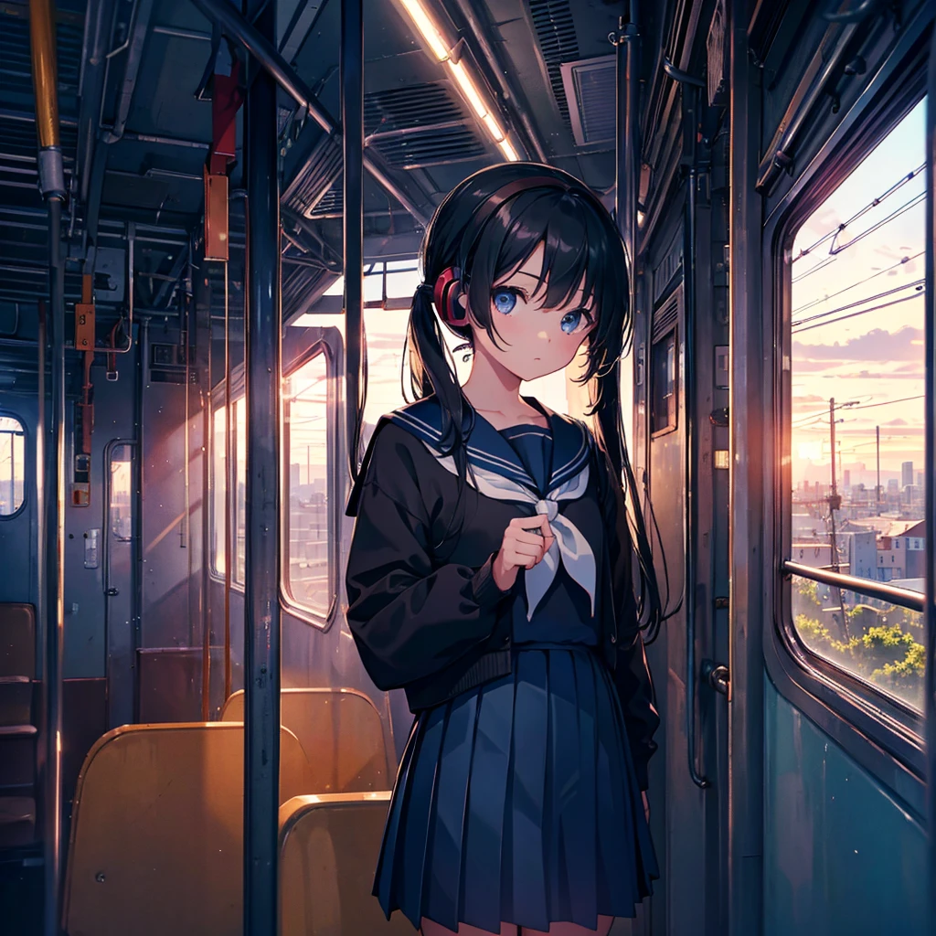 Super detailed, super high resolution, 64k, masterpiece, highest quality, beautiful eyes in detail, high resolution background, 1 girl, solo, masterpiece, 4K, highest quality, 9 years old, cowboy shot, black hair, pigtails, straight hair , dark blue eyes, , Serafuku, neckerchief, pleated skirt, BREAK (headphones), standing, inside the train, looking away, looking out the window, holding a pole, (simple background: 1.3) ), various viewpoints,

