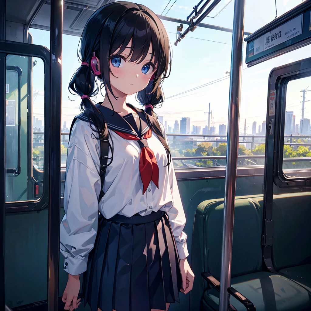 Super detailed, super high resolution, 64k, masterpiece, highest quality, beautiful eyes in detail, high resolution background, 1 girl, solo, masterpiece, 4K, highest quality, 9 years old, cowboy shot, black hair, pigtails, straight hair , dark blue eyes, , Serafuku, neckerchief, pleated skirt, BREAK (headphones), standing, inside the train, looking away, looking out the window, holding a pole, (simple background: 1.3) ), various viewpoints,