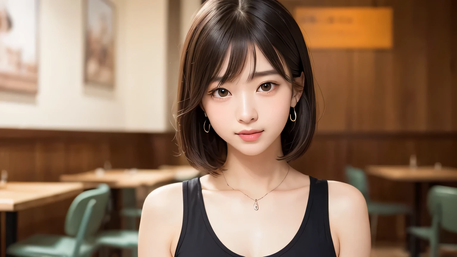 masterpiece、Highest quality, Detailed workmanship、High resolution、(8k, High resolution:1.2)、RAW Photos,(((Unzoom Shot))), Realistic、Slim figure、High resolutionの顔、The face is in focus、High resolutionの目、(Concentration, Symmetrical pupils:1.2)、High quality and beautiful skin、Firm Skin、Natural Makeup、Gloss lips, High-definition hair texture、(((One person))),Japanese women、high school girl、17 years old、very cute, Very short hair, (White tank top),(mini skirt), (Very embarrassed:1.3), (blush:1.3), (An embarrassed gesture、Embarrassed look:1.3)、(She is looking at the camera with an embarrassed look.:1.3)、(A soothing smile),Duck mouth、(Various shooting angles:1.2)、Thin Necklace、Small earrings, Super big breasts,Her huge breasts spill out of her tank top,(((Bust Shot))), Browsing Caution,The background is a stylish cafe,The cafe interior is detailed.、The background is painted large
