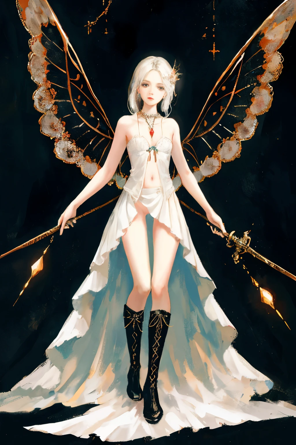 ((best quality)), ((masterpiece)), (detailed), 1girl, Character design, female, dynamic poses, long white grey hair, grey white eyes, very skinny, detailed, best quality, no accesoires around the neck, no shoes, prominent collarbones, skinny arms, flat stomach, visible hip bones, full body, blank white background, plain background, white background, red and white clothing, Bloodborne inspired, occult aesthetic, occult, detailed and intricate steampunk and detailed gothic, NSFW, Very dramatic and cinematic lighting, cosmic horror, grim-dark, side-lighting, perfect face, NSFW, Fluttering lace flared long knee length dress with frilly petticoats, knee length dress, pleated petticoats, petticoats gothic, complex lace boots, side-lighting, gothic aesthetic, wielding a mighty sword with mechanical components, mandalas, small breasts, a fairy, various different types of insect wings, NSFW, full body, whole body, body, plain background, white background, blank background, no background, white background NSFW, chains, full body, whole body, head-to-toe NSFW