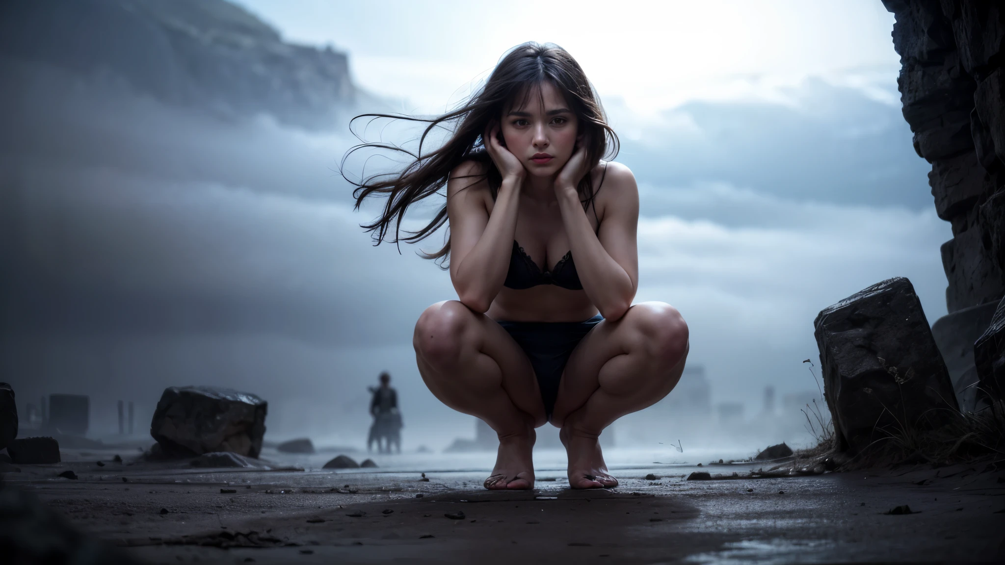 (YES SFW), A dressed girl desperately needs to relieve herself、(she wears a veil and a rag, a sheet around her waist, a shawl on her shoulders), (Correct anatomy of the fingers)、（Draw hands and feet separately)、very beautiful、Ideal proportions、small breasts、Very stylish、barefoot、(in sassi_di_matera off end road:1.37)、(((neat woman, Bright-eyed excitement, Pained expression,blush,half-closed eyes,please touch me,tempting viewer,i want you))),(sitting down,spread the legs apart,navy panties, (Squat with your legs wide apart:1.37), skirt on knees、(Place your hands on your knees and skirt)、(Anguished expression:1.4)、looking at the camera、Close-up、highest quality、Super detailed、Real、Beautiful proportions、Vibrant colors、Sharp focus、Tense atmosphere、Classical composition、art、Striking details、Artistic subtleties、Harmonious color palette、Sublime Beauty、Aesthetic perfection、Captivating eyes、Pure brilliance、Impeccable Features、Dreamy atmosphere、Sophisticated style、Timeless elegance、Finishing the masterpiece、Exquisite craftsmanship、Meticulous attention to detail、Sublime proportions、Artistic excellence、living work of art、Otherworldly charm、Fairytale-like setting、Unforgettable gaze、Majestic presence、natural breasts, Smoke and clouds roil around her, adding to the sense of epic scale and drama. The lighting is dark, gloomy, and realistic, creating a tense and ominous atmosphere. The perspective is from below, emphasizing the sheer majesty and power of the girl. [The character is surrounded by mist, evoking a mysterious and eerie atmosphere. The lighting is dark and atmospheric, with a red smoke adding a touch of sinister ambiance. The image is of the best quality, with a resolution of 4k and HDR enhancement, showcasing the utmost level of detail and realism, sfw, full body shot.]